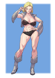 Rule 34 | 1girl, abs, absurdres, android 18, black bra, black shorts, blue background, blue eyes, boots, border, bra, breasts, cirenk, cleavage, commission, contrapposto, cosplay, cowboy boots, cross-laced slit, dead or alive, detached sleeves, dragon ball, dragonball z, earrings, forehead, frilled sleeves, frills, front slit, full body, grey footwear, grey vest, hand in own hair, hand on own hip, high heel boots, high heels, highres, jewelry, large breasts, light smile, lips, long legs, looking at viewer, micro shorts, muscular, muscular female, open clothes, open vest, sagging breasts, short hair, shorts, simple background, solo, standing, strapless, strapless bra, thick thighs, thighs, tina armstrong, tina armstrong (cosplay), tsurime, underwear, vest, white border, wrestling outfit