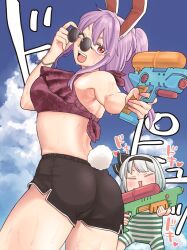 Rule 34 | 2girls, :d, ;d, = =, animal ears, armpits, ass, back, bare shoulders, blue sky, bracelet, breasts, cloud, grey hair, hairband, highres, holding, holding water gun, jewelry, konpaku youmu, koyama shigeru, long hair, looking at viewer, multiple girls, old-fashioned swimsuit, one eye closed, open mouth, outdoors, ponytail, purple hair, purple nails, rabbit ears, rabbit tail, red eyes, reisen udongein inaba, short hair, shorts, sky, smile, sunglasses, sweat, tail, teeth, touhou, water gun