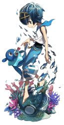 Rule 34 | 1girl, air bubble, artist request, baggy pants, barefoot, blue eyes, blue hair, blue sailor collar, breath, bubble, capri pants, clauncher, coral, corsola, creatures (company), dive ball, floating, freediving, game freak, gen 2 pokemon, gen 3 pokemon, gen 6 pokemon, gen 7 pokemon, hairband, lana (pokemon), luvdisc, nintendo, pants, poke ball, pokemon, pokemon (creature), pokemon sm, popplio, pyukumuku, sailor collar, shirt, short hair, sleeveless, smile, starfish, swimsuit, swimsuit under clothes, trial captain, underwater, water, wishiwashi, wishiwashi (solo)
