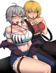 Rule 34 | 2girls, absurdres, ahoge, asymmetrical clothes, black bra, black choker, black pants, blonde hair, blue eyes, blue pants, bra, breasts, choker, cleavage, collarbone, commentary, cutoffs, denim, dual persona, english commentary, eyeliner, fate/grand order, fate (series), high-waist pants, highres, jeanne d&#039;arc (fate), jeanne d&#039;arc (ruler) (fate), jeanne d&#039;arc alter (avenger) (fate), jeanne d&#039;arc alter (fate), jeans, kevbot, large breasts, lips, looking at viewer, makeup, multiple girls, naughty face, navel, nose, o-ring, o-ring choker, off shoulder, pants, piercing, revealing clothes, saliva, short hair, single pantsleg, sitting, spaghetti strap, stomach, strapless, suspenders hanging, thick thighs, thigh strap, thighs, tongue, tongue out, tongue piercing, tube top, underboob, underwear, white background, yellow eyes