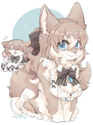 Rule 34 | 1girl, :3, animal ear fluff, animal ears, animal feet, animal hands, animal nose, apron, arm at side, artist name, bare shoulders, barefoot, bikini, black bow, black bowtie, black dress, blue eyes, blue outline, blush, body fur, bow, bowtie, breasts, brown fur, brown hair, chibi, chibi inset, cleavage, closed eyes, closed mouth, detached collar, dress, electric fan, fang, female focus, flying sweatdrops, frilled apron, frilled bikini, frills, furry, furry female, hair between eyes, hair bow, hand fan, hand up, handheld fan, happy, highres, holding, holding fan, hot, kemo (kemonngo), light blush, long hair, looking at viewer, maid, maid apron, medium breasts, multicolored hair, multiple views, original, outline, pawpads, puffy short sleeves, puffy sleeves, short sleeves, sidelocks, signature, simple background, smile, snout, sparkle, sweat, swimsuit, tail, tongue, tongue out, two-tone background, two-tone fur, two-tone hair, upper body, v arms, white apron, white background, white bikini, white fur, white hair, wolf ears, wolf girl, wolf tail