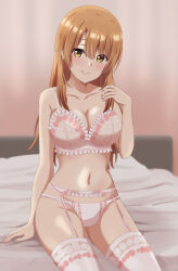 Rule 34 | 1girl, aged up, alternate hair length, alternate hairstyle, bed, blush, bra, breasts, brown hair, cleavage, closed mouth, collarbone, dars (recolors), garter belt, highres, isshiki iroha, large breasts, long hair, looking at viewer, navel, on bed, panties, sitting, smile, solo, thighhighs, underwear, white bra, white garter belt, white panties, white thighhighs, yahari ore no seishun lovecome wa machigatteiru., yellow eyes