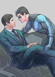 Rule 34 | 2boys, artist name, bara, batman (series), black bodysuit, black hair, black jacket, black pants, black vest, blue bodysuit, bodysuit, bodysuit pull, bruce wayne, closed mouth, couch, dc comics, dick grayson, domino mask, evinist, father and son, formal, highres, incest, jacket, crossed legs, looking at another, male focus, mask, multiple boys, muscular, muscular male, necktie, nightwing, on couch, open clothes, open jacket, pants, shirt, short hair, sitting, smile, taut bodysuit, taut clothes, thick thighs, thighs, two-tone bodysuit, vest, white shirt, yaoi