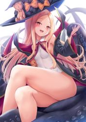 Rule 34 | 1girl, abigail williams (fate), bare legs, bare shoulders, bb (fate), bb (fate) (all), bb (swimsuit mooncancer) (fate), bb (swimsuit mooncancer) (fate) (cosplay), bb (swimsuit mooncancer) (third ascension) (fate), black bow, black coat, black hat, blonde hair, blush, bow, breasts, coat, cosplay, crossed legs, fate/grand order, fate (series), forehead, hat, highres, hip focus, leotard, long hair, looking at viewer, milkshakework, neck ribbon, open mouth, orange bow, parted bangs, polka dot, polka dot bow, popped collar, red eyes, red ribbon, ribbon, simple background, small breasts, smile, solo, stuffed animal, stuffed toy, suction cups, teddy bear, tentacles, thighs, vampire costume, white background, white leotard, wings, witch hat
