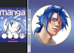 Rule 34 | 1boy, amayensis, arrow (symbol), artist name, blouse, blue-haired boy (how to draw manga), blue background, blue eyes, blue hair, blue theme, blush, closed mouth, derivative work, folded ponytail, gradient background, grey shirt, hair tie, highres, how to draw manga, how to draw manga redraw challenge (meme), jpeg artifacts, katy coope, light blush, looking up, male focus, meme, multiple views, ponytail, portrait, reference work, shirt, short hair, sidelocks, signature, simple background, upper body