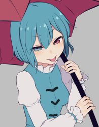 Rule 34 | 1girl, :p, blue eyes, blue hair, blue vest, breasts, commentary request, grey background, hair between eyes, heterochromia, highres, holding, holding umbrella, impossible clothes, impossible vest, juliet sleeves, long sleeves, looking at viewer, marsen, medium breasts, puffy sleeves, red eyes, ribbon-trimmed sleeves, ribbon trim, shirt, short hair, simple background, solo, tatara kogasa, tongue, tongue out, touhou, tsurime, umbrella, upper body, vest, white shirt