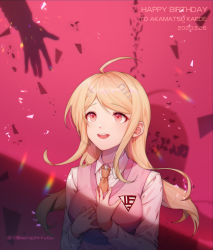 Rule 34 | 1girl, ahoge, akamatsu kaede, artist name, blonde hair, breasts, character name, commentary request, danganronpa (series), danganronpa v3: killing harmony, dated, eighth note, ewa (seraphhuiyu), fortissimo, hair ornament, happy birthday, highres, large breasts, long hair, long sleeves, looking up, musical note, musical note hair ornament, necktie, open mouth, pink sweater vest, shirt, smile, solo focus, sweater vest, teeth, upper body, upper teeth only, white shirt