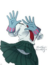 Rule 34 | 1girl, blue gloves, boku no hero academia, collared shirt, gloves, green skirt, hagakure tooru, highres, invisible, lord guyis, necktie, no panties, pleated skirt, red necktie, school uniform, shirt, shirt tucked in, simple background, skirt, solo, twitter username, u.a. school uniform, white background
