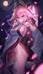 Rule 34 | 1girl, animal ears, armpits, blurry, blurry foreground, blush, breasts, bug, butterfly, cloud, detached sleeves, floppy ears, fox ears, fox tail, genshin impact, half-closed eyes, harusame (user wawj5773), highres, insect, japanese clothes, large breasts, looking at viewer, miko, moon, obiage, obijime, outdoors, parted lips, petals, pink hair, priestess, purple eyes, sky, smile, solo, standing, star (sky), starry sky, tail, teeth, wide sleeves, yae miko
