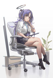 Rule 34 | 1girl, absurdres, black skirt, blue archive, blue eyes, blue hair, blue necktie, blush, box, breasts, cardboard box, chair, clipboard, crossed legs, hair ornament, halo, highres, holding, holding clipboard, hy (hem oo), long hair, looking at viewer, mechanical halo, medium breasts, necktie, office lady, plant, potted plant, purple eyes, purple hair, shirt, simple background, sitting, skirt, solo, thighs, white background, white shirt, yuuka (blue archive)