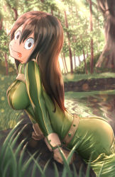 Rule 34 | 10s, 1girl, :&gt;, alternate hair length, alternate hairstyle, arched back, ass, asui tsuyu, bad id, bad pixiv id, belt, black eyes, black hair, bodysuit, boku no hero academia, breasts, closed mouth, day, frog girl, gloves, grass, green bodysuit, light particles, long hair, looking at viewer, medium breasts, outdoors, partially submerged, pasoputi, pond, solo, tongue, tongue out, tree, water