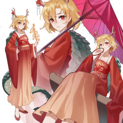 Rule 34 | 1girl, absurdres, ailu elf, alternate costume, blonde hair, brown horns, chinese clothes, closed mouth, dragon horns, dragon tail, hair between eyes, hanfu, highres, holding, holding umbrella, horns, kicchou yachie, long sleeves, multiple views, oil-paper umbrella, red eyes, red footwear, shoes, short hair, simple background, sitting, smile, tail, touhou, turtle shell, umbrella, white background, wide sleeves