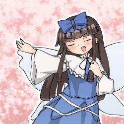 Rule 34 | 1girl, arm up, baystarsapphire, black ribbon, blue bow, blue dress, blunt bangs, blush, bow, brown hair, closed eyes, commentary request, cowboy shot, dress, fairy wings, frilled shirt collar, frills, hair bow, hand on own chest, highres, leaning to the side, long hair, long sleeves, music, neck ribbon, open mouth, outline, pink background, ribbon, sidelocks, simple background, singing, solo, star sapphire, teeth, touhou, upper teeth only, v-shaped eyebrows, very long hair, white outline, wide sleeves, wings