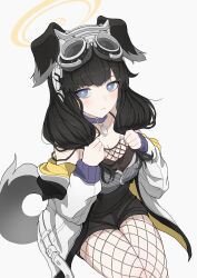 Rule 34 | 1girl, absurdres, animal collar, animal ears, bags under eyes, black footwear, black hair, blue archive, blush, breasts, bright pupils, bunching hair, cleavage, collar, collarbone, dog ears, dog tail, fishnet pantyhose, fishnet top, fishnets, goggles, goggles on head, halo, hibiki (blue archive), highres, holding, holding hair, jacket, jacket partially removed, looking at viewer, medium breasts, mitsumoto amata, multicolored eyes, pantyhose, simple background, solo, tail, two-sided fabric, two-sided jacket, white background, white pupils