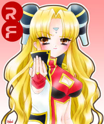 Rule 34 | 00s, 1girl, artist name, beckoning, blonde hair, blush, bridal gauntlets, brown eyes, character name, cleavage cutout, clothing cutout, dress, facial mark, forehead mark, galaxy angel, gloves, gradient background, hair ornament, hairclip, itokei, long hair, looking at viewer, navel cutout, outline, ranpha franboise, simple background, solo, very long hair