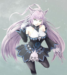 Rule 34 | 1girl, agrius metamorphosis, ahoge, animal ears, atalanta (fate), atalanta alter (fate), atalanta alter (first ascension) (fate), bare shoulders, black pantyhose, braid, breasts, cat ears, collar, collarbone, commentary request, dress, fate/grand order, fate (series), green eyes, highres, large breasts, long hair, looking at viewer, mjjn8232, pantyhose, silver hair, smile, solo, very long hair