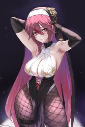 Rule 34 | 1girl, absurdres, armpits, arms behind head, arms up, bare shoulders, belt, black dress, black gloves, blush, breasts, claw ring, cleavage, cleavage cutout, clothing cutout, cross-laced clothes, dolri, dress, earrings, elbow gloves, fishnet pantyhose, fishnets, genshin impact, gloves, habit, hair between eyes, highres, jewelry, large breasts, looking at viewer, multicolored clothes, multicolored hair, multicolored headwear, nun, pantyhose, pelvic curtain, purple eyes, purple hair, purple pantyhose, red hair, resolution mismatch, rosaria (genshin impact), short hair, solo, source smaller, streaked hair, thighs, tiara, two-tone dress, white dress