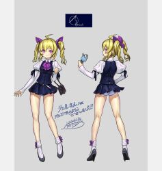 Rule 34 | 1girl, absurdres, ahoge, ass, bag, bare legs, black footwear, blonde hair, blush, bow, bow legwear, bowtie, collared shirt, commentary request, commission, drill hair, earrings, food, full body, hair ribbon, handbag, high heels, highres, holding food, holding ice cream, ice cream, jewelry, juliet sleeves, long sleeves, miniskirt, miyakado shino, multiple views, original, panties, pantyshot, pink eyes, pleated skirt, puffy sleeves, purple bow, purple bowtie, purple ribbon, ribbon, second-party source, shirt, skeb commission, skirt, smile, socks, takada kazuhiro, tongue, tongue out, twin drills, twintails, two-tone background, underwear, vest, white panties, white shirt, white socks