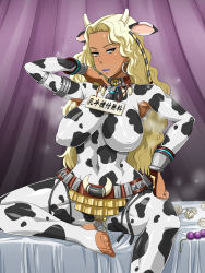 Rule 34 | 1girl, adjusting hair, animal ears, animal print, armpits, arms up, beads, belt, blonde hair, breasts, clitoris piercing, cow ears, cow girl, cow print, dark-skinned female, dark skin, enoshima iki, feet, female focus, highres, horns, large breasts, lipstick, long hair, looking at viewer, makeup, nipples, piercing, purple lips, pussy piercing, sitting, smell, solo, source request, tissue, toes, translated