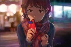 1girl blue_flower blue_jacket blush brown_eyes brown_hair flower gift grey_shirt highres holding holding_gift jacket long_sleeves original plaid_clothes plaid_scarf scarf shirt short_hair signature smile solo valentine yamamoto_suzume