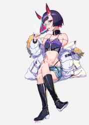 Rule 34 | 1girl, alternate costume, bare shoulders, belt, black legwear, boots, breasts, coat, corset, crossed legs, denim, denim shorts, eyelashes, fate/grand order, fate (series), food, fur trim, hand rest, highres, hikimayu, horns, looking at viewer, midriff, multicolored hair, navel, off shoulder, olys, oni, open mouth, popsicle, purple eyes, purple hair, short hair, shorts, shuten douji (fate), sitting, sleeves past wrists, small breasts, solo, thong, two-tone hair, winter clothes, winter coat