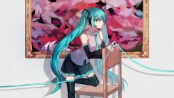 Rule 34 | 1girl, aqua eyes, aqua hair, bad id, bad twitter id, bare shoulders, chair, danjou sora, detached sleeves, feet out of frame, from side, hair ornament, hatsune miku, headset, highres, leg up, long hair, necktie, on one knee, painting (object), shirt, skirt, sleeveless, sleeveless shirt, thighhighs, thread, twintails, very long hair, vocaloid, wide-eyed