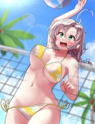 Rule 34 | 1girl, antenna hair, ball, beach volleyball, beachball, bikini, blue sky, blurry, bouncing breasts, braid, breasts, cloud, commentary request, cowboy shot, day, depth of field, floral print, green eyes, grey hair, kantai collection, kinugasa (kancolle), large breasts, lens flare, long hair, navel, official alternate costume, official alternate hairstyle, open mouth, outdoors, palm tree, side-tie bikini bottom, single braid, sky, smile, soba chatarou (tita), solo, sun, swimsuit, tree, underboob, volleyball net, yellow bikini