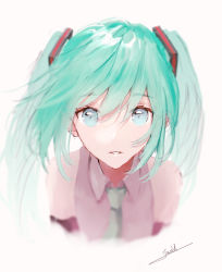 Rule 34 | 1girl, aqua eyes, aqua hair, aqua necktie, bare shoulders, black sleeves, commentary, cropped torso, detached sleeves, grey shirt, hair ornament, hatsune miku, highres, long hair, looking at viewer, necktie, ojay tkym, parted lips, portrait, shirt, signature, sketch, sleeveless, sleeveless shirt, solo, twintails, vocaloid, white background