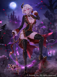 Rule 34 | 1boy, 1girl, absurdres, apt, bird, black footwear, blood, boots, breasts, brooch, candle, castle, cleavage, company name, copyright notice, copyright request, crow, dress, foot on head, full body, full moon, graveyard, hand up, high heels, highres, holding, holding scythe, horns, jewelry, large breasts, long sleeves, mole, mole on thigh, moon, night, official art, parted lips, petals, pointy ears, red eyes, scythe, short dress, single horn, solo focus, standing, stepped on, thigh boots, tree, white hair