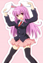 Rule 34 | 1girl, animal ears, arms up, black thighhighs, crescent, cross (crossryou), female focus, hand on own ear, highres, jacket, long hair, long sleeves, looking at viewer, necktie, open mouth, pink eyes, pink hair, pleated skirt, rabbit ears, red necktie, reisen udongein inaba, shirt, skirt, smile, solo, thighhighs, touhou, very long hair, zettai ryouiki