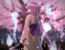 Rule 34 | blurry, blurry background, bokeh, bug, butterfly, commentary request, crying, crying with eyes open, depth of field, empty eyes, highres, hitodama, holding, holding sword, holding weapon, bug, japanese clothes, kimono, looking to the side, night, obi, outdoors, parted lips, petals, pink eyes, pink hair, pink kimono, saigyou ayakashi, saigyouji yuyuko, saigyouji yuyuko (living), sash, shiranui (wasuresateraito), short hair, sideways mouth, streaming tears, sword, tears, touhou, wakizashi, weapon