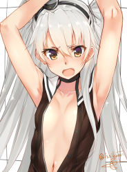 Rule 34 | 10s, 1girl, amatsukaze (kancolle), armpits, arms up, artist name, bare shoulders, black hat, blush, breasts, brown eyes, brown shirt, buttons, choker, collarbone, fang, flat chest, hairband, hat, isshiki (ffmania7), kantai collection, long hair, looking at viewer, mini hat, navel, no bra, open clothes, open mouth, open shirt, shiny skin, shirt, silver hair, sleeveless, sleeveless shirt, solo, tooth, unbuttoned, unbuttoned shirt, upper body, very long hair