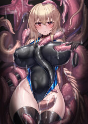 Rule 34 | 1girl, belt, belt collar, black one-piece swimsuit, black thighhighs, blonde hair, blue one-piece swimsuit, blush, breasts, collar, commentary request, competition swimsuit, cowboy shot, highleg, highleg swimsuit, highres, huge breasts, imminent rape, kubiwa (kutan), kutan, long hair, looking at viewer, one-piece swimsuit, open mouth, original, parted lips, red belt, red eyes, solo, swimsuit, tentacle pit, tentacles, tentacles under clothes, thighhighs, two-tone one-piece swimsuit, wide hips