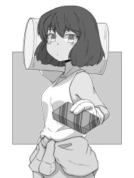 Rule 34 | 1girl, absurdres, bob cut, box, carrying, closed mouth, clothes around waist, commentary, cowboy shot, dark-skinned female, dark skin, drum (container), gift, gift box, girls und panzer, giving, gloves, greyscale, highres, holding, holding gift, hoshino (girls und panzer), jumpsuit, light blush, light frown, looking at viewer, mechanic, monochrome, renshiu, short hair, solo, standing, tank top, uniform, valentine