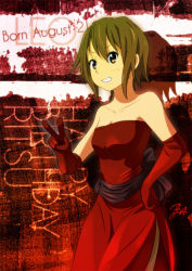Rule 34 | 1girl, bad id, bad pixiv id, bare shoulders, brown eyes, brown hair, character name, commentary request, dated, dress, elbow gloves, english text, gloves, gown, grin, hair down, hand on own hip, happy birthday, hashiribe, hashiribe akira, k-on!, red dress, red gloves, sash, short hair, side slit, signature, smile, solo, strapless, strapless dress, tainaka ritsu, v