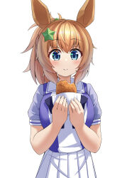 1girl absurdres animal_ears bird blue_eyes bow breasts brown_hair chicken chicken_(food) commentary_request eating food hair_ornament highres holding holding_food horse_ears horse_girl large_breasts long_hair ponytail puffy_short_sleeves puffy_sleeves purple_bow purple_shirt sailor_collar school_uniform shirt short_sleeves simple_background skirt smile solo star_(symbol) star_hair_ornament summer_uniform taiki_shuttle_(umamusume) tracen_school_uniform umamusume upper_body white_background yamada_(c57hikaru)