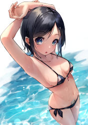 Rule 34 | 1girl, 200f (nifu), absurdres, armpits, arms behind head, arms up, backlighting, bikini, black bikini, black hair, blush, bob cut, breasts, caustics, cellphone, charm (object), collarbone, day, dolphin, dripping, foreshortening, from above, glint, hair ornament, hairclip, halterneck, highres, lens flare, looking at viewer, medium breasts, navel, object in clothes, object in swimsuit, open mouth, original, outdoors, parted bangs, phone, shiny clothes, short hair, side-tie bikini bottom, signature, smartphone, solo, standing, string bikini, swimsuit, underboob, wading, water, wet