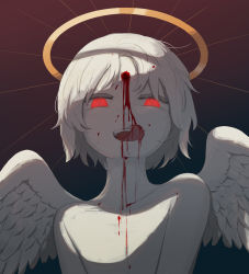 Rule 34 | 1other, :d, absurdres, androgynous, angel, angel wings, avogado6, bleeding, blood, blood on face, bullet hole, colored skin, commentary request, completely nude, deep wound, feathered wings, halo, highres, injury, licking, licking blood, licking another&#039;s face, looking at viewer, male focus, nude, open mouth, original, red background, red eyes, short hair, smile, spread wings, tongue, tongue out, upper body, white hair, white skin, white wings, wings