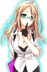 Rule 34 | 1girl, ahoge, black bra, black gloves, blonde hair, bra, breasts, cleavage, collarbone, dress shirt, finger to mouth, floating hair, glasses, gloves, green eyes, half gloves, index finger raised, inu x boku ss, large breasts, long hair, looking at viewer, open clothes, open shirt, parted bangs, shirt, solo, standing, underwear, white shirt, you06, yukinokouji nobara