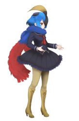 Rule 34 | 10s, 1girl, blonde hair, blue hair, boots, feathered wings, full body, ise (0425), kemono friends, multicolored hair, necktie, pantyhose, red eyes, sailor collar, scarf, simple background, solo, southern cassowary (kemono friends), white background, wings