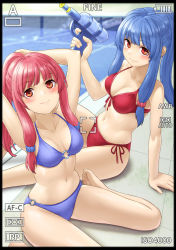 Rule 34 | 2girls, alternate costume, alternate hairstyle, arm behind back, arm support, arms up, bare arms, bare legs, bare shoulders, barefoot, battery indicator, bikini, black border, blue bikini, blue hair, blue scrunchie, border, breasts, cleavage, closed mouth, collarbone, fingernails, front-tie bikini top, front-tie top, hair ornament, hair scrunchie, hair up, halterneck, highres, holding, kotonoha akane, kotonoha aoi, kurione (zassou), long hair, looking at viewer, medium breasts, midriff, multiple girls, navel, o-ring, o-ring bikini, o-ring bottom, o-ring top, pink hair, pink scrunchie, ponytail, pool, poolside, recording, red bikini, red eyes, scrunchie, siblings, side-tie bikini bottom, sisters, sitting, smile, split mouth, swimsuit, toenails, voiceroid, wariza, water, water gun