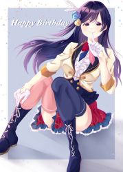Rule 34 | 1girl, aqua flower, aqua rose, artist name, artist request, asymmetrical legwear, beige jacket, black footwear, black hair, black legwear, blue hair, blue neckwear, blush, boots, bow, bowtie, breasts, brown jacket, center frills, chase (love live!), collared shirt, cropped jacket, cross-laced footwear, dark blue hair, dress, dress shirt, feather hair ornament, feathers, female focus, finger to mouth, flower, flower print, frilled dress, frilled skirt, frills, full body, gloves, grey background, grey eyes, hair flower, hair ornament, half gloves, hand on own leg, highres, holding, holding leg, jacket, knees up, light brown jacket, long hair, looking at viewer, love live!, love live! nijigasaki high school idol club, love live! school idol festival, miniskirt, mismatched legwear, necktie, nijigasaki school uniform, parted lips, petals, pink legwear, pink neckwear, pink petals, plaid, plaid skirt, pleated, pleated skirt, ponytail, red bow, red neckwear, red skirt, rose, school uniform, shirt, side ponytail, sitting, skirt, smile, solo, white feathers, white gloves, white shirt, yellow flower, yellow jacket, yellow rose, yuki setsuna (love live!)
