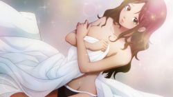 Rule 34 | 1girl, bed sheet, black panties, breasts, brown hair, cleavage, collarbone, covering privates, covering breasts, covering one breast, dark-skinned female, dark skin, game cg, green eyes, groin, long hair, looking at viewer, medium breasts, minamo setouchi, official art, open mouth, panties, sitting, solo, underwear, underwear only, zanki zero