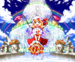 Rule 34 | 1girl, :d, blonde hair, blue sky, blush, bobby socks, bouquet, cloud, day, dress, fang, female focus, flandre scarlet, flower, flower pot, fountain, hat, joyfull (terrace), kusare panda, looking at viewer, open mouth, rainbow, red dress, red eyes, side ponytail, sky, smile, soaking feet, socks, solo, embodiment of scarlet devil, touhou, v arms, wading, water, waterfall, wings