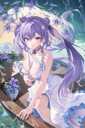 Rule 34 | 1girl, absurdres, bare shoulders, bench, blush, bra, braid, breasts, cleavage, collarbone, cone hair bun, double bun, dress, earrings, flower, frilled dress, frilled umbrella, frills, genshin impact, hair bun, hair ornament, highres, holding, holding umbrella, houkisei, jewelry, keqing (genshin impact), lace, lace-trimmed bra, lace trim, large breasts, lily pad, long hair, looking at viewer, parted lips, purple eyes, purple hair, ribbon, solo, twintails, umbrella, underwear, water, wooden bench, wrist ribbon