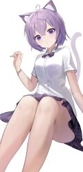 Rule 34 | 1girl, animal ear fluff, animal ears, blush, bow, bracelet, breasts, cat ears, cat tail, cropped legs, fingernails, highres, hololive, hololive gamers, jewelry, knees, legs, looking at viewer, medium breasts, neckerchief, nekomata okayu, pleated skirt, purple hair, ruka tou, school uniform, shirt, short hair, simple background, sitting, skirt, solo, tail, virtual youtuber, white background