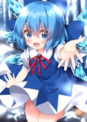 Rule 34 | 1girl, blue dress, blue eyes, blue hair, bow, cirno, dress, foreshortening, hair bow, highres, ice, ice wings, open mouth, outstretched arm, outstretched hand, reaching, reaching towards viewer, ruu (tksymkw), shoes, solo, touhou, wings