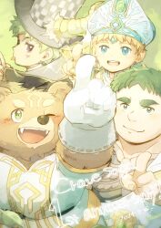 Rule 34 | 4boys, animal ears, anniversary, armor, bear boy, bear ears, blonde hair, blue eyes, blush, crave saga, dated, demon horns, facial mark, fangs, focalor (crave saga), gab (crave saga), gloves, green eyes, green hair, hat, hiratai tori, horns, male focus, mitre, multiple boys, nine (crave saga), one eye closed, open mouth, pointing, pointing at viewer, pointing up, purple eyes, shmiel (crave saga), short hair, single horn, smile, sparkle, thick eyebrows, tongue, tongue out, top hat