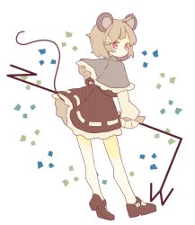 Rule 34 | 1girl, ahoge, animal ears, bad id, bad pixiv id, capelet, daizu (melon-lemon), dowsing rod, flower, from behind, grey hair, hair flower, hair ornament, highres, long sleeves, looking back, mouse ears, mouse tail, nazrin, red eyes, short hair, simple background, skirt, solo, tail, touhou