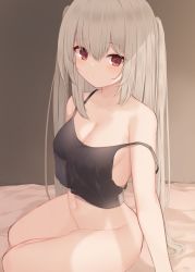 Rule 34 | 1girl, absurdres, bare arms, bare shoulders, black shirt, bottomless, breasts, camisole, cleavage, closed mouth, crop top, crop top overhang, grey hair, highres, long hair, looking at viewer, medium breasts, memekko, navel, no bra, original, red eyes, see-through, shirt, sleeveless, sleeveless shirt, solo, spaghetti strap, strap slip, thighs, two side up
